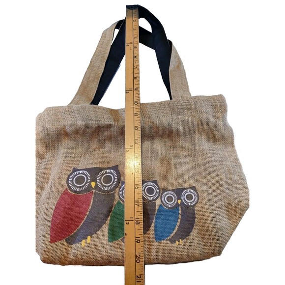 Freeset Tan Burlap Small Tote Bag w/ Cute Colorful Owl Appliques, Gift Bag - Picture 7 of 8
